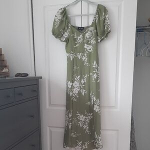 Sweet Wanderer Olive Green Floral Maxi Dress with Puff Sleeves